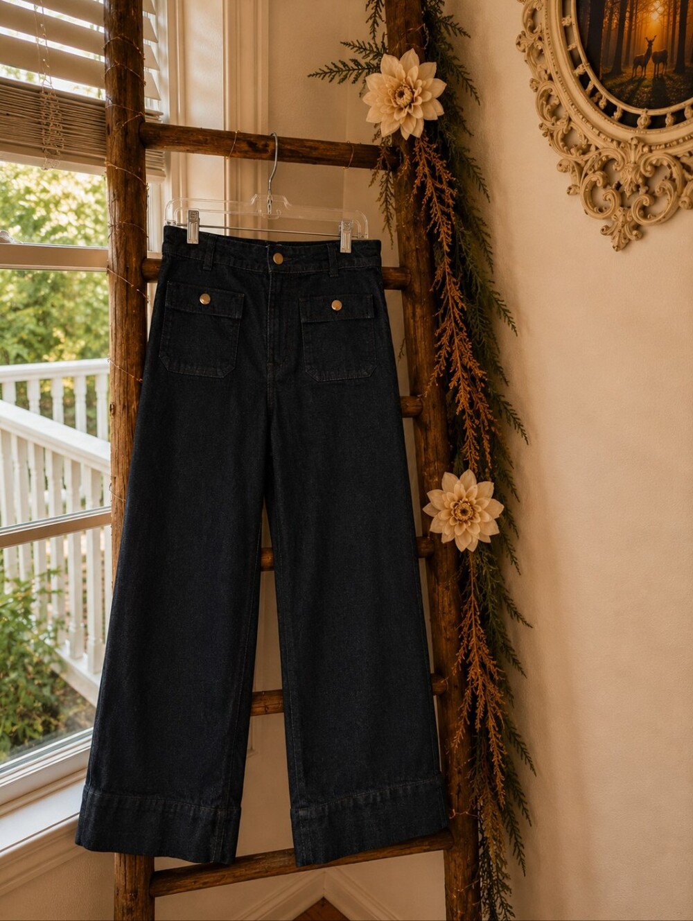 Women's Dark Blue Baggy Boho Wide Leg Jeans